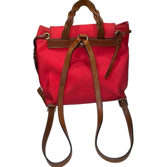 Dooney & Bourke Red Nylon Brown Leather Trim Flap Backpack - Picture 3 of 8